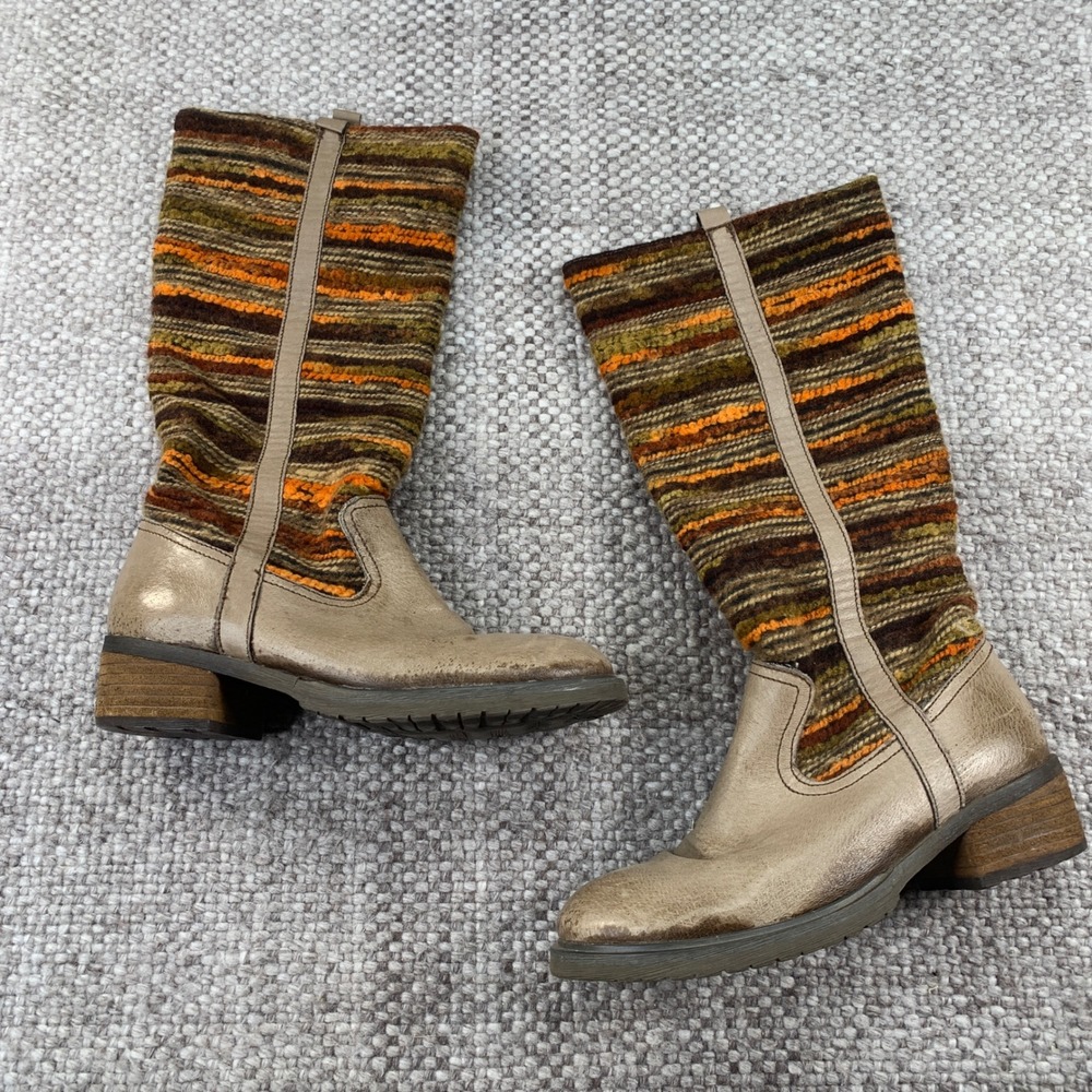 Sbicca Santa Fe Boots Womens 8 Taupe Bronze Metallic Knit Mid-Calf Boho Striped